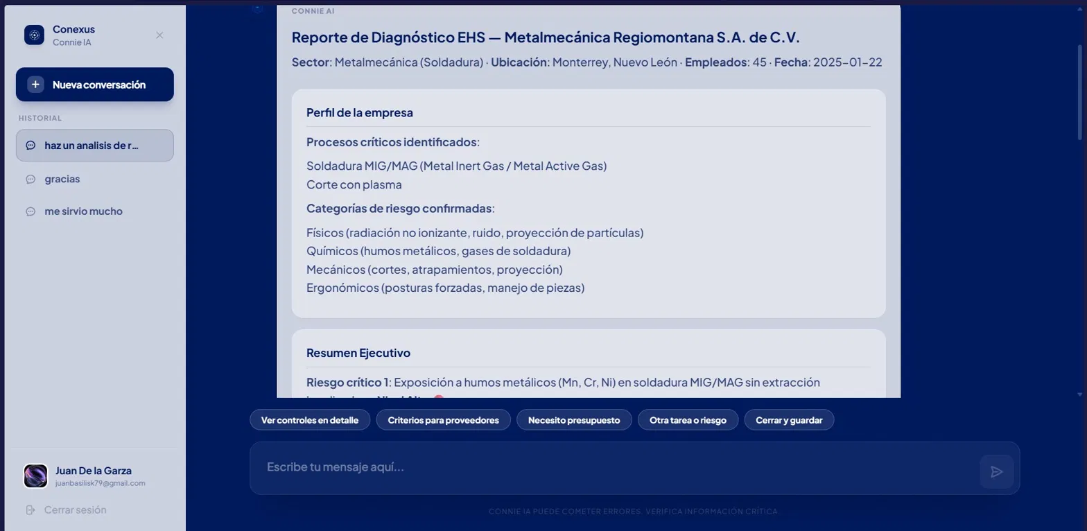 Captura del reporte de diagnóstico EHS generado por Connie para una empresa metalmecánica, mostrando perfil de empresa, procesos críticos identificados, categorías de riesgo y resumen ejecutivo en construcción