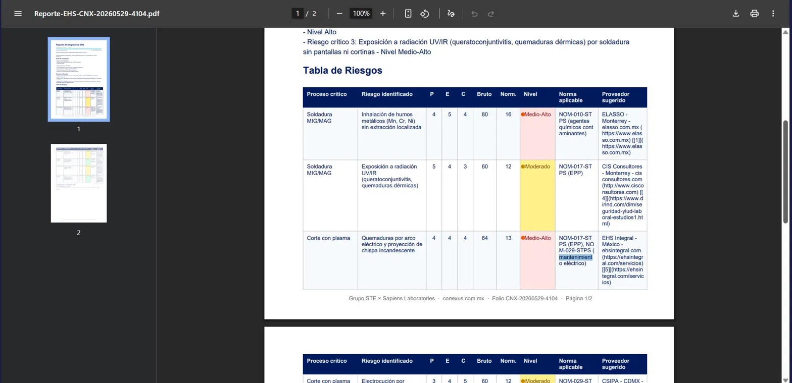 Reporte EHS descargable generado por Connie, con folio único, tabla de riesgos, normas aplicables y proveedores sugeridos